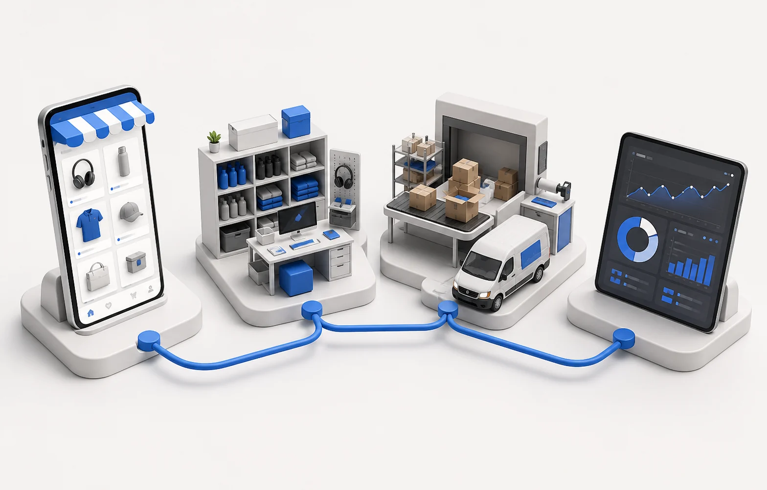 A connected commerce workflow showing storefront, catalogue, dispatch and analytics