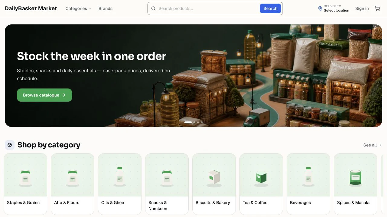 Live Slaby grocery storefront with branded banner and category discovery